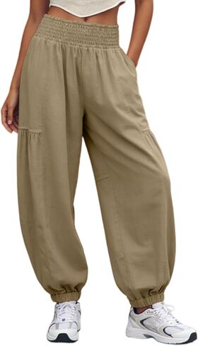 UANEO Womens Baggy Pants Pull On Cotton Linen Smocked Elastic Waist Tapered Relaxed Harem Trousers with Pockets in Saudi Arabia