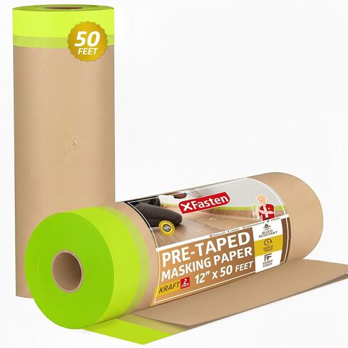 XFasten Pre Taped Masking Paper for Painting 12 Inches x 50 Feet Single Roll Thick Painters Paper with Tape for Cars, Walls, Auto Body — Thick Kraft, Clean Removal Painters Drape with Tape in Saudi Arabia