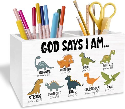 Christian Construction Nursery Pen Holder for Desk, God Says I Am Bible Verse Pencil Organizer, Christian Gifts for Boys Wooden Box Sign Desk Decor for Kids Boys Room Decoration in Saudi Arabia