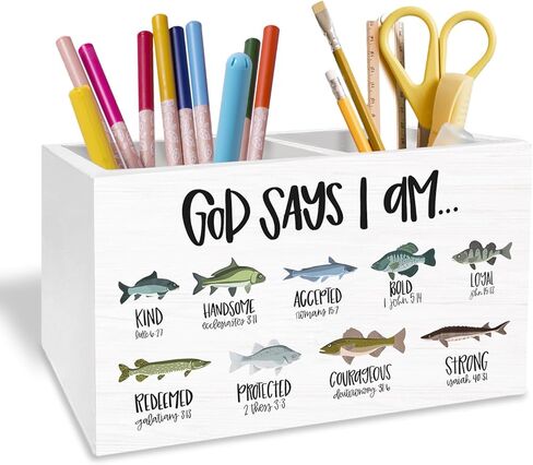 Christian Construction Nursery Pen Holder for Desk, God Says I Am Bible Verse Pencil Organizer, Christian Gifts for Boys Wooden Box Sign Desk Decor for Kids Boys Room Decoration in Saudi Arabia