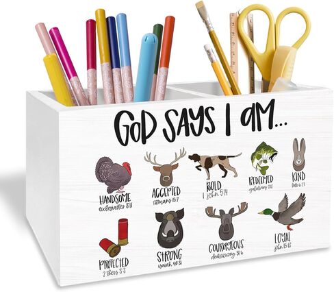 Christian Construction Nursery Pen Holder for Desk, God Says I Am Bible Verse Pencil Organizer, Christian Gifts for Boys Wooden Box Sign Desk Decor for Kids Boys Room Decoration in Saudi Arabia
