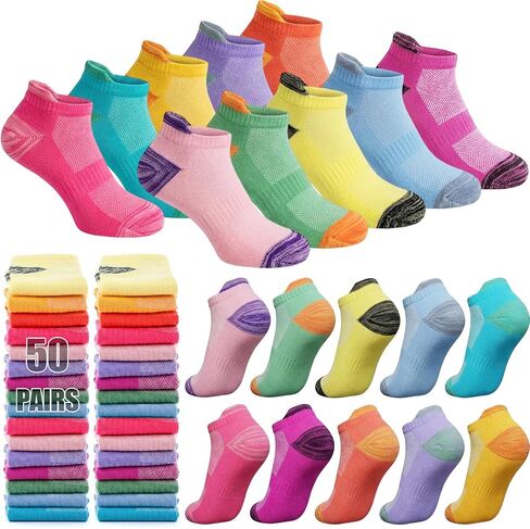 Ramede 50 Pairs Girls Socks Bulk Athletic Ankle Socks for 7-10 Years Old Toddler Girls Colorful Short Stripe Breathable Sports Crew Sock in Saudi Arabia