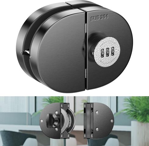 Ranbo Frameless Mechanical Combination Glass Door Lock, No-Drill Installation, Fits 3/8''–1/2'' Thick Tempered Panels, Brushed Gold, for Double Swing Glass Doors, Home & Commercial Use in Saudi Arabia