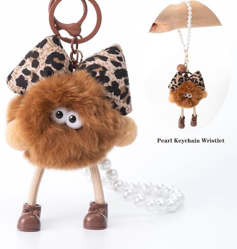 YOU WIZV Cute Plush Keychains for Women, Kawaii Anime Pom Pom Bag Charms with Bow Pearl Wristlet Key chain in Saudi Arabia