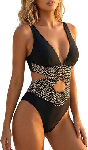 Milumia Women Metallic Backless One Piece Swimwear Cut Out V Neck Cami Monokini Swimsuit in Saudi Arabia