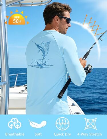 Men's UPF 50+ Fishing Shirt, Long Sleeve UV Protection Sun Shirts, Lightweight Quick Dry Graphic Tee for Running in Saudi Arabia