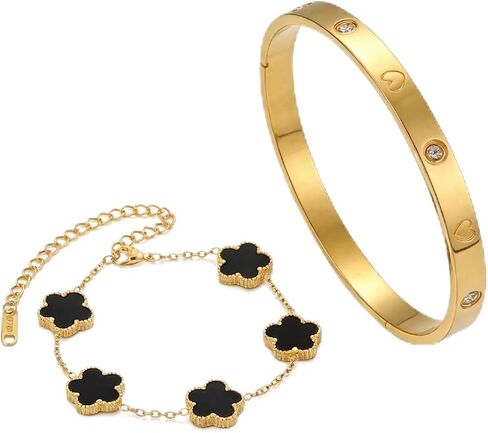 Four Leaf Clover Bracelet Set for Women, Titanium Steel Crystal Bracelets with Cubic Zirconia, 2 Pcs Stackable Jewelry, Ideal Valentine's Day Christmas Birthday Gifts in Saudi Arabia