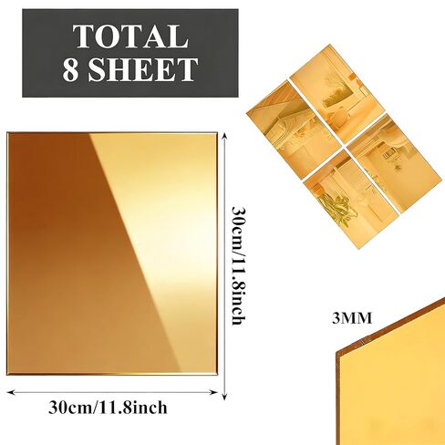 JMIATRY 8PCS Gold Acrylic Mirror Sheets 1/8 Thick,12 x 12 Inch Golden Mirror Acrylic Sheets 3 mm Plastic Mirrors Sheet Panels Mirrors Reflective Plexiglass Sheet for DIY Crafts, with Protective Film in Saudi Arabia