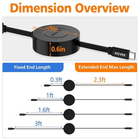 كابل شاحن AGVEE بطول 0.3 قدم ثابت / 2.3 قدم ممتد USB-A إلى C قابل للتركيب في اتجاه واحد وقابل للسحب 2.4 أمبير سلك شحن سريع، بحجم الجيب لهاتف iPhone 16 15 وSamsung وAndroid ومنظم المكتب، أسود in Kuwait