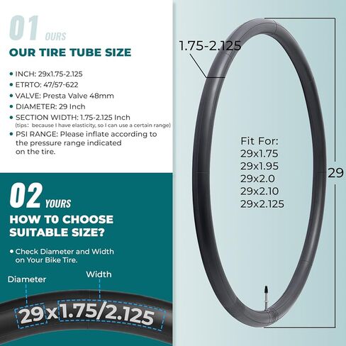 قطعتان، أنابيب دراجة ممتازة 29X1.75/1.90/1.95/2.0/2.10/2.125، متوافقة مع إطارات الدراجة 29x1.75 إلى 2.125، مع صمام بريستا FV48mm، مطاط البوتيل، تستخدم للدراجات الجبلية والطراد والمدينة والطرق in Kuwait