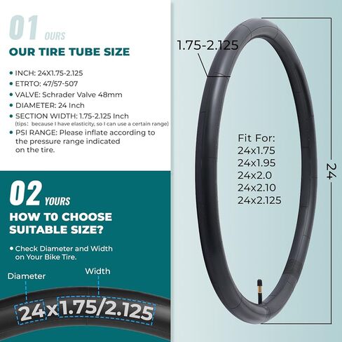 قطعتان، أنابيب دراجة ممتازة 24X1.75/1.90/1.95/2.0/2.10/2.125، متوافقة مع إطارات الدراجة 24 × 1.75 إلى 2.125، مع صمام شريدر 48 مم، مطاط البوتيل، تستخدم للدراجات الجبلية والطراد والمدينة والطرق in Kuwait