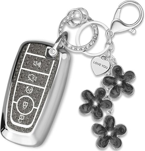 Pink TPU Key Fob Cover with Sakura Flower Keychain Compatible with Ford Fusion Mustang F150 Edge Explorer Lincoln MKZ 2013-2017,MKC 2015-2017,MKX 2016-2017 5-Button Smart Key for Women in Saudi Arabia