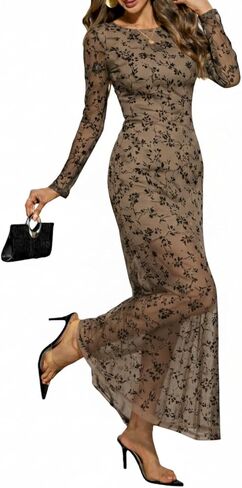 فستان LIGHT DOT نسائي طويل الأكمام مزين بالزهور من Bodycon فستان كوكتيل رسمي مكشكش شبكي in Kuwait