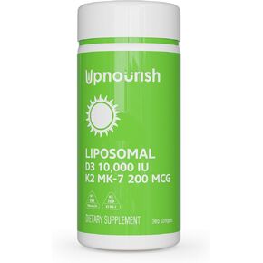 UpNourish Liposomal D3 K2 Vitamin 10000 IU D3 وK2 MK-7 200 ميكروغرام - 365 فيتامين D3 k2 (فيتامين D3 مع K2) كبسولات هلامية صغيرة - سهلة البلع مكمل فيتامين K2 D3 in Kuwait