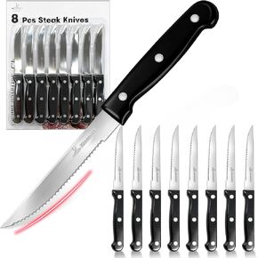 Upgraded Steak Knives Set of 8, Uncoated Stainless Steel Serrated Steak Knife Set, 4.5 Inch Steak Knife with Ergonomic Handle and Sharp Blades, Dishwasher Safe Dinner Knives for Kitchen, Restaurant in Saudi Arabia