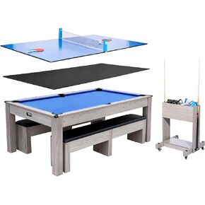 7FT 3-in-1 Pool Table with Dining Top & Table Tennis | Billiard Table Set with Accessories (Balls, Cues, Ping Pong) | HDF Wood Grain Finish | Includes Rolling Storage Caddy in Kuwait