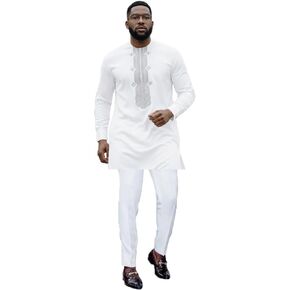 HD Men's African Clothes Embroidery Dashiki Long Sleeves All White Shirt and Pants Set in Saudi Arabia