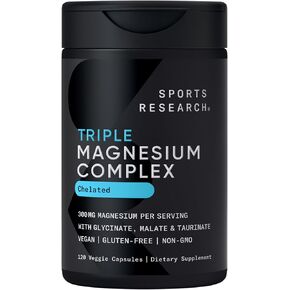 Sports Research® Chelated Triple Magnesium Complex with Glycinate, Taurinate & Malate (Chelamax®) for Enhanced Bioavailability* - 300 mg per Serving, Non-GMO, Certified Vegan, 120 Veggie Capsules in Saudi Arabia