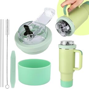 Cup Lid Replacement for 40 Oz Stanley Tumbler,Flip Straw Lid with Double Drinking Mouth, Cleaning Brush and Cup Boot 、Leakproof & Dustproof Cover for Stanley Cup Accessories (Black, 40) in Saudi Arabia