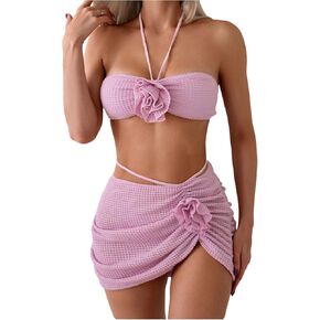 Verdusa Women's 3 Piece 3D Flower Halter String Bikini Set Waffle Swimsuits with Cover Up Skirt in Saudi Arabia