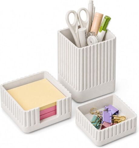 Desk Organizer Set of 3 for Office Accessories - Includes Pen Holder, Paperclip Storage, and Sticky Note Holder - Aesthetic Concrete Desktop Accessories for Women or Men, Office Decor (White) in Saudi Arabia