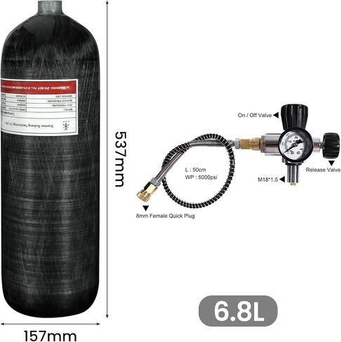 خزان هواء TUDIVING 6.8L/414ci من ألياف الكربون HPA (ليس نقطة)، صمام قياس فلور نظام الهواء PCP 4500 رطل لكل بوصة، خرطوم ضغط عالي 24 بوصة مع فصل سريع مزدوج in Kuwait