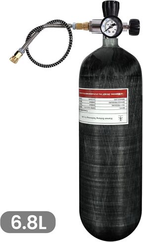 خزان هواء TUDIVING 6.8L/414ci من ألياف الكربون HPA (ليس نقطة)، صمام قياس فلور نظام الهواء PCP 4500 رطل لكل بوصة، خرطوم ضغط عالي 24 بوصة مع فصل سريع مزدوج in Kuwait