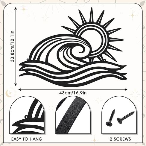 Pelopy Sun Metal Wall Art مجردة شروق الشمس غروب الشمس علامة الحد الأدنى خط أسود جدار الفن ديكور البحر موجة الحديثة ديكور معلق لغرفة المعيشة المطبخ غرفة نوم في الهواء الطلق هدايا هووسورمينغ 16.9 × 12.2 بوصة in Kuwait