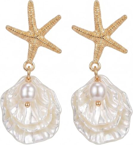 Gold Starfish Mermaid Tail Dangle Drop Earrings for Women, Trendy Cute Pearl Fish Tail Shell Textured Hoop Dangling Earing Summer sea Beach Jewelry Gift. in Saudi Arabia