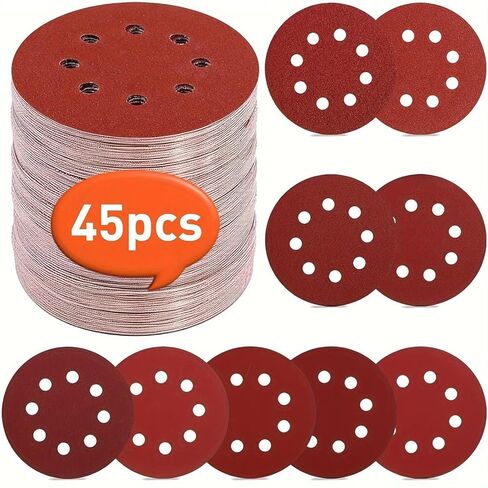 45 Pcs 5 Inch Sandpaper Discs, with Grits of 40, 80, 120, 180, 240, 320, 400, 600, and 800 Grit Hook and Loop Sandpaper for Use with Random Track Sanders. in Saudi Arabia