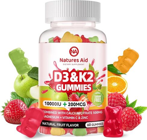 Natures Aid Sugar-Free Vitamin D3 K2 Gummies with Calcium + K2 (MK-7), Magnesium Citrate, Vitamin C, Extra Strength - Ultimate Absorption for Bone Muscle Teeth Immune, Vegan - 60 Gummies in Saudi Arabia