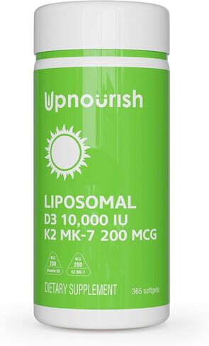 UpNourish Liposomal D3 K2 Vitamin 10000 IU D3 وK2 MK-7 200 ميكروغرام - 365 فيتامين D3 k2 (فيتامين D3 مع K2) كبسولات هلامية صغيرة - سهلة البلع مكمل فيتامين K2 D3 in Kuwait