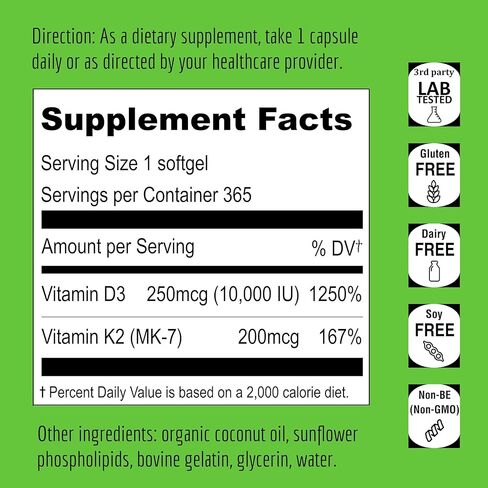 UpNourish Liposomal D3 K2 Vitamin 10000 IU D3 وK2 MK-7 200 ميكروغرام - 365 فيتامين D3 k2 (فيتامين D3 مع K2) كبسولات هلامية صغيرة - سهلة البلع مكمل فيتامين K2 D3 in Kuwait