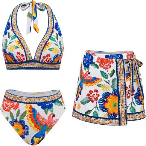 Women's Floral Tropical Print Boho Bikini Set 3 Piece Halter Triangle Swimsuit with Wrap Beach Skirt in Saudi Arabia