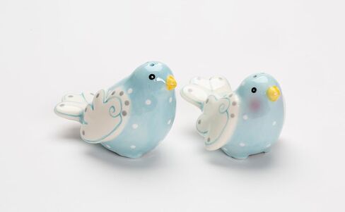 Fine Ceramic Lovebird Bluebird Pastel Baby Blue Bird with White Wings and White Polka Dots Design Salt and Pepper Shakers Set, 3-5/8" L in Saudi Arabia