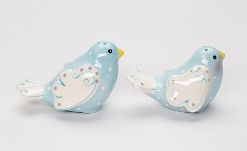Fine Ceramic Lovebird Bluebird Pastel Baby Blue Bird with White Wings and White Polka Dots Design Salt and Pepper Shakers Set, 3-5/8" L in Saudi Arabia