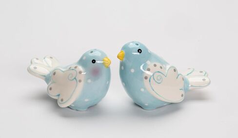 Fine Ceramic Lovebird Bluebird Pastel Baby Blue Bird with White Wings and White Polka Dots Design Salt and Pepper Shakers Set, 3-5/8" L in Saudi Arabia