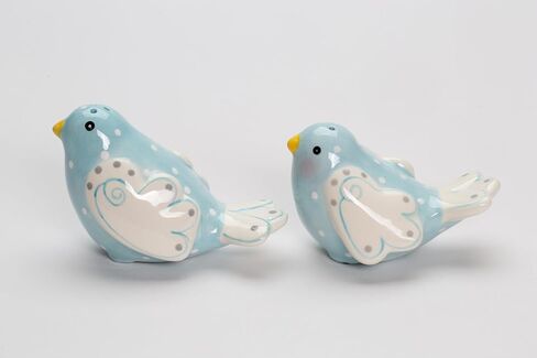 Fine Ceramic Lovebird Bluebird Pastel Baby Blue Bird with White Wings and White Polka Dots Design Salt and Pepper Shakers Set, 3-5/8" L in Saudi Arabia