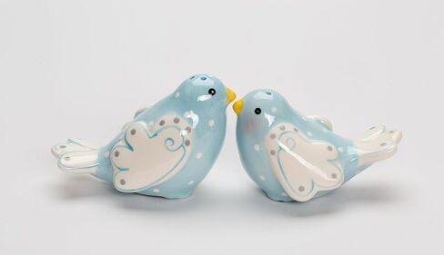 Fine Ceramic Lovebird Bluebird Pastel Baby Blue Bird with White Wings and White Polka Dots Design Salt and Pepper Shakers Set, 3-5/8" L in Saudi Arabia