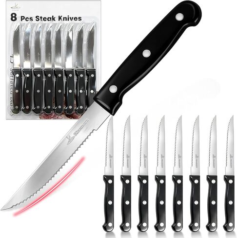 Upgraded Steak Knives Set of 8, Uncoated Stainless Steel Serrated Steak Knife Set, 4.5 Inch Steak Knife with Ergonomic Handle and Sharp Blades, Dishwasher Safe Dinner Knives for Kitchen, Restaurant in Saudi Arabia