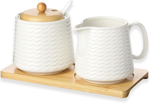 Ceramic Sugar and Creamer Set, Porcelain Coffee Serving Set with Cream Pitcher, Sugar Bowl, Lid & Spoon, 10 Ounce Creamer Container and Sugar Pot (CTNAIXSMU2) in Saudi Arabia