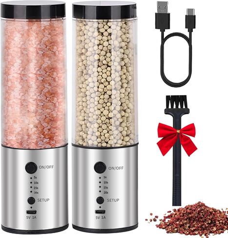 Electric Salt & Pepper Grinder Set- Dual Pack Rechargeable Automatic Pepper Mill with Storage Base, Adjustable Coarseness, Type-C Charging, Each 40ml Capacity for Kitchen, Travel & Gift in Saudi Arabia