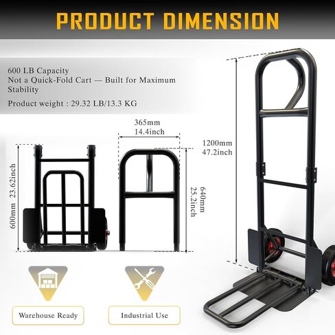 Heavy Duty Hand Truck 600 LB Capacity, Steel 2 Wheel Dolly with Solid Rubber Tires, Detachable Hand Cart for Moving Appliances, Furniture, Warehouse, Industrial, Home Use in Saudi Arabia