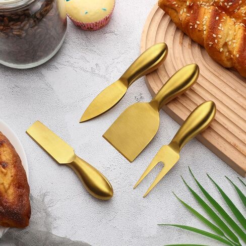 Funnymoom 4 Pcs Gold Cheese Knives Set Stainless Steel Cheese Tools with Cheese Slicer and Cheese Cutters for Kitchen Cheese Board Knife Set for Kitchen Charcuterie Board Accessories Housewarming Gift in Saudi Arabia