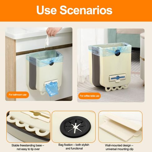 Garbage Cans for Kitchen, Hanging Foldable Small Trash Can with Bag Storage, Space Saving Design for Cabinet, Under Sink, Counter, Bathroom, Kitchen Waste Bins, Beige in Saudi Arabia