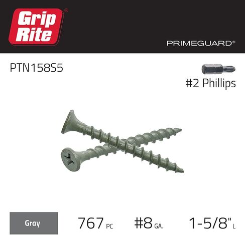 Grip-Rite PTN158S5 PG10 Polymer Coated #6 x 1-5/8" Coarse Thread Deck Screw, Gray, 5lb Box in Saudi Arabia