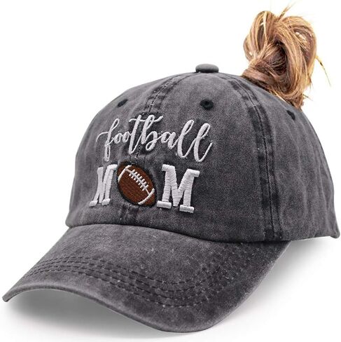 Football Mom Ponytail Baseball Cap Messy Bun Vintage Washed Distressed Twill Plain Hat for Women (Football mom, One Size) in Saudi Arabia