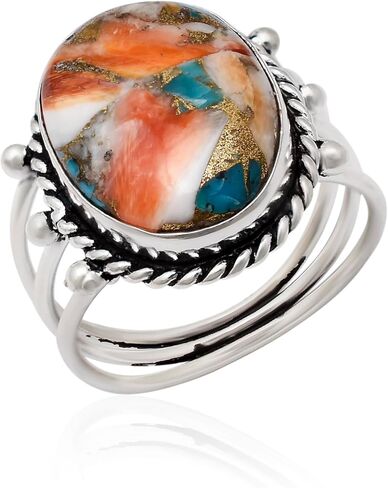Natural Orange Oyster Turquoise Gemstone 925 Solid Sterling Silver Handmade Statement Ring for Women Christmas Gift (8, Wild Horse) in Saudi Arabia