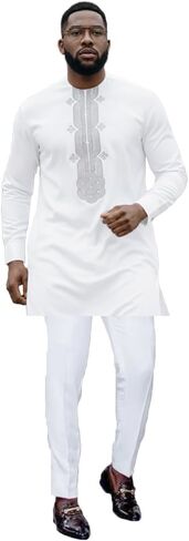 مجموعة ملابس HD الأفريقية للرجال مطرزة Dashiki بأكمام طويلة وقميص وسراويل بيضاء in Kuwait