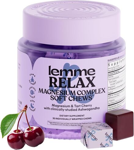 مضغ ناعم من Lemme Relax مع جليسينات المغنيسيوم والسيترات، KSM-66 أشواغاندا + إل-ثيانين لدعم تخفيف التوتر، ومستويات الكورتيزول، ودورات المزاج والنوم الصحي، عصير ليمون بلاك بيري (30 قطعة مضغ) in Kuwait